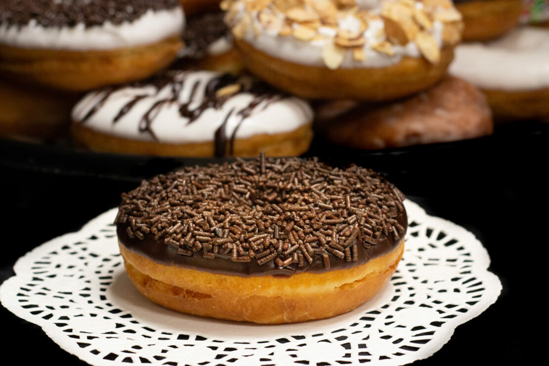 Chocolate Raised Ring Donuts with Chocolate Jimmies Prantl's Bakery